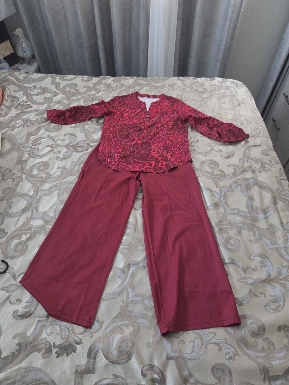Women's Red Two-Piece Wide-Leg Pant Set